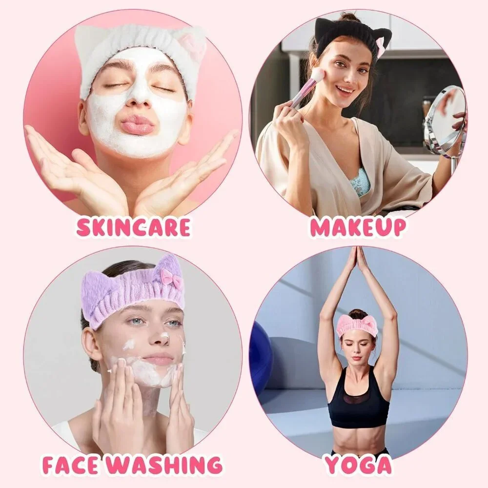 Spa Headband Wristband Set Cat Ear Coral Fleece Face Wash Makeup Gift